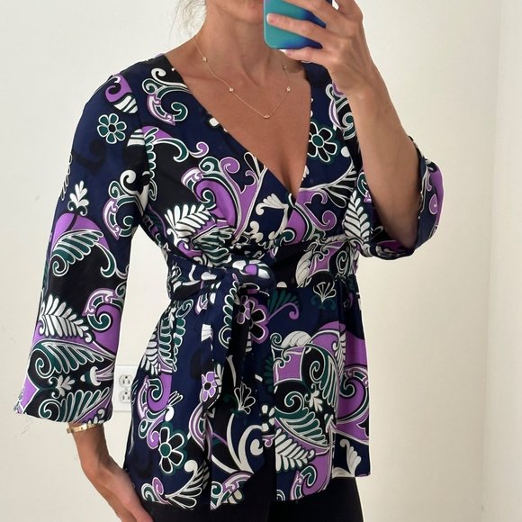 EUC Tibi Silk Paisley Navy & Purple Tie Front Tunic Top 3/4 Sleeve Sz Small - Picture 5 of 13